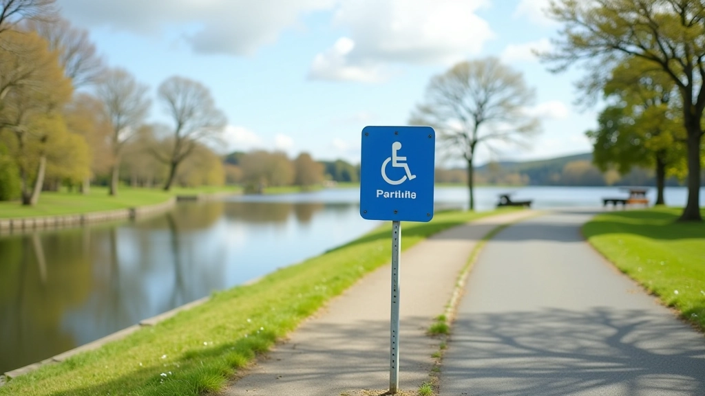 Accessible parking sign and paved path leading to waterside picnic area