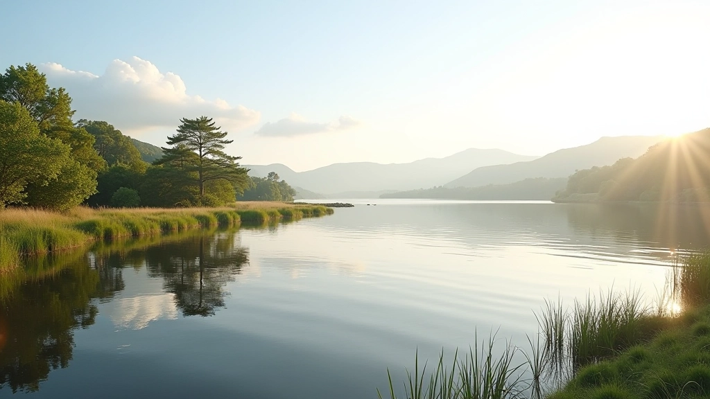 Serene lakeside landscape with calm waters reflecting blue sky, peaceful natural setting for retreat