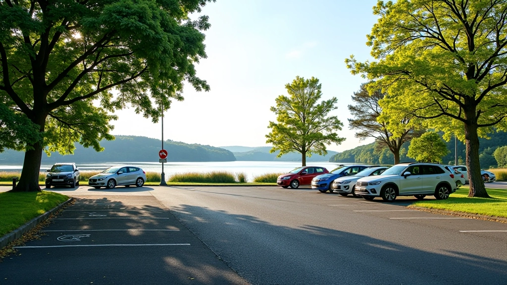 Parking area near Lough Derg with clear signage and space for several cars