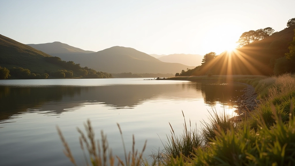 Scenic lakeside landscape with mountains and water at sunset, peaceful retirement setting in Ireland