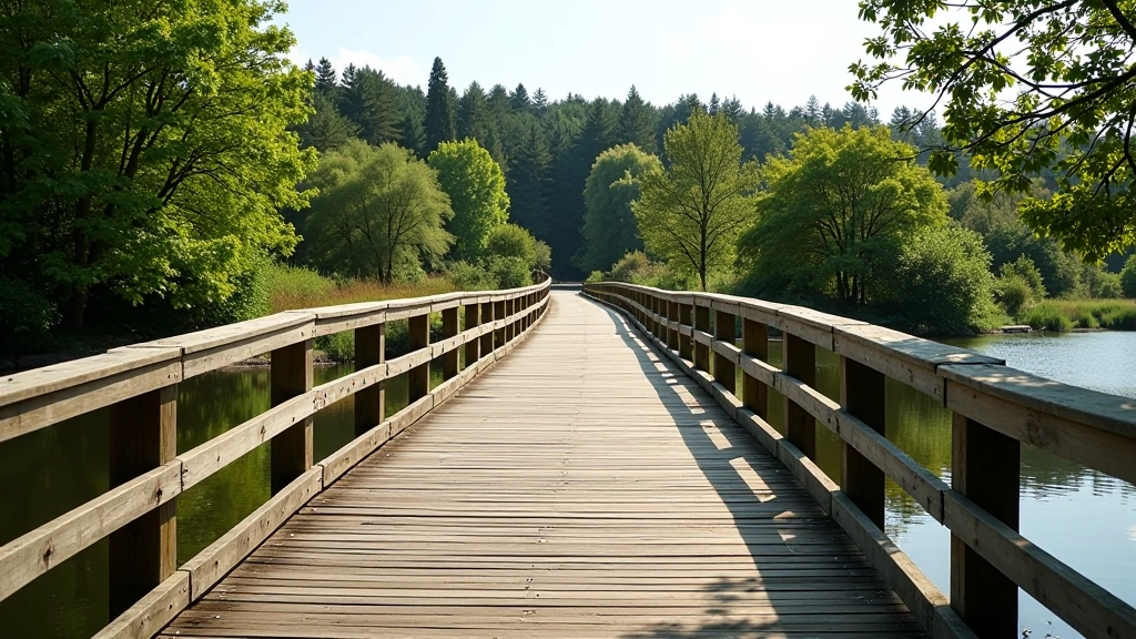 Wooden boardwalk extending over water with railings, trees in background
