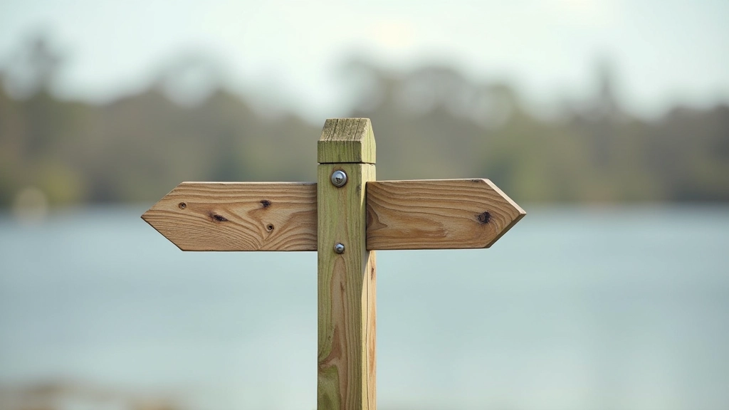 Close-up of a signpost at a lakeside walking path, directional arrows pointing along the shore